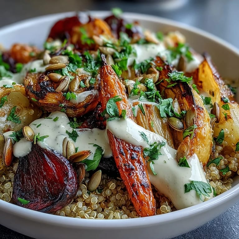 Wholesome Roasted Root Vegetable Bowl with toasted pumpkin seeds, finished with lemony tahini sauce for dinner.