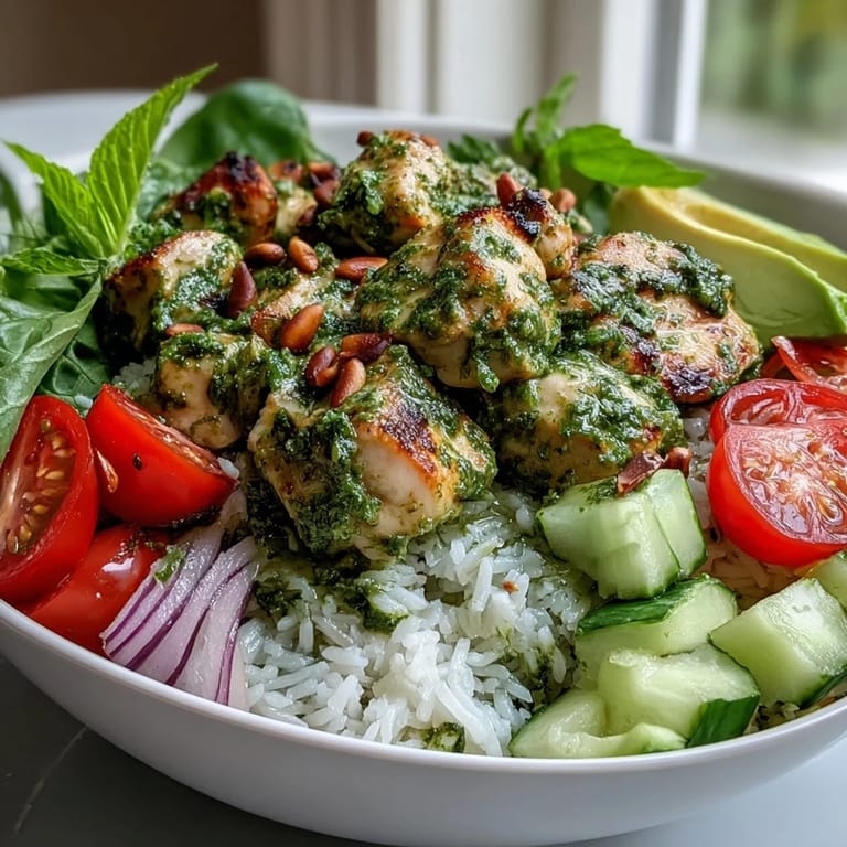 Close-up of Pesto Chicken Bowl featuring juicy chicken, vibrant basil pesto, and a colorful medley of diced cucumbers and red onions.