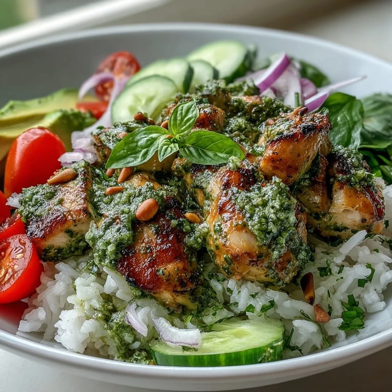 Serving suggestion for Pesto Chicken Bowl, a wholesome gluten-free meal with greens, pine nuts, and fresh basil garnish.