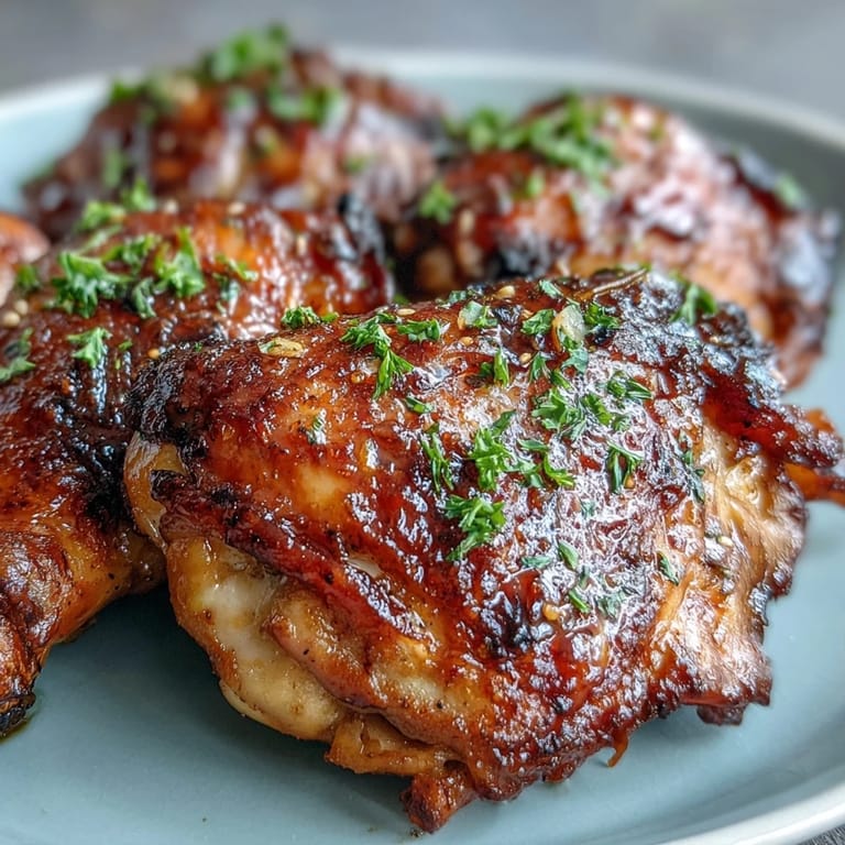 Oven-baked honey garlic chicken thighs served with fresh parsley, featuring a sweet and savory glaze that caramelizes beautifully.