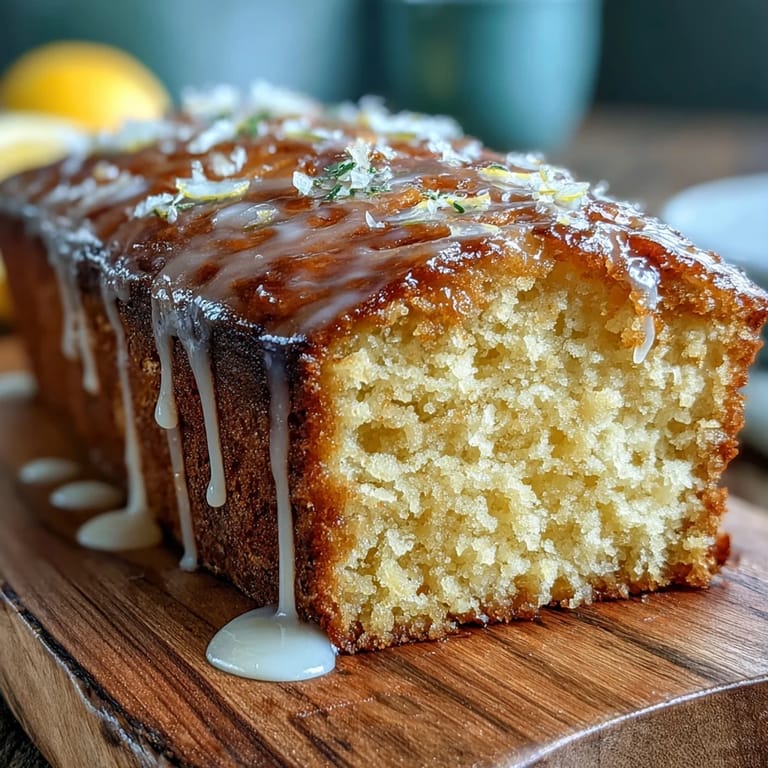 Slices of tender pound cake infused with Limoncello liqueur, topped with zesty lemon glaze and fresh zest curls.