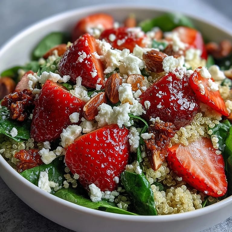 Colorful strawberry feta quinoa salad featuring baby spinach, red onion, and balsamic dressing, perfect for a light and healthy lunch.