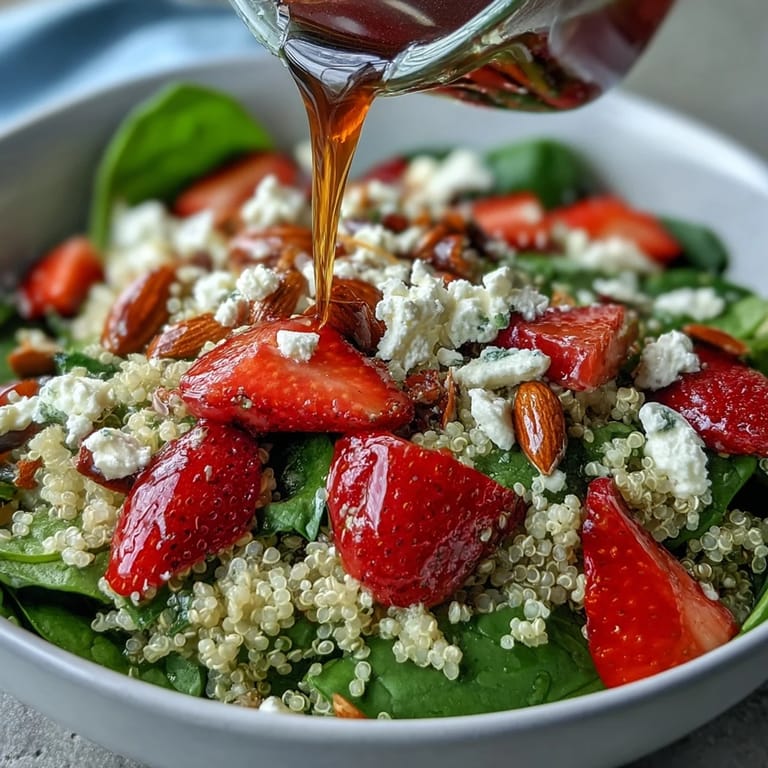 Vibrant quinoa salad with strawberries, feta, and almonds, tossed in tangy balsamic vinaigrette for a satisfying vegetarian dish.  