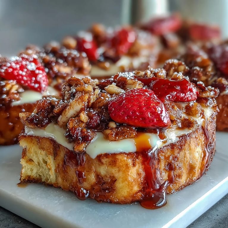 This Strawberry French Toast Bake features fluffy brioche soaked in creamy vanilla custard, topped with a buttery cinnamon crumble and fresh berry slices.