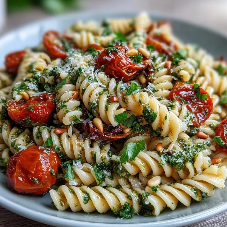 Vibrant pesto pasta salad with juicy cherry tomatoes, fresh basil, and parmesan—an easy, vegetarian dish for picnics and potlucks.