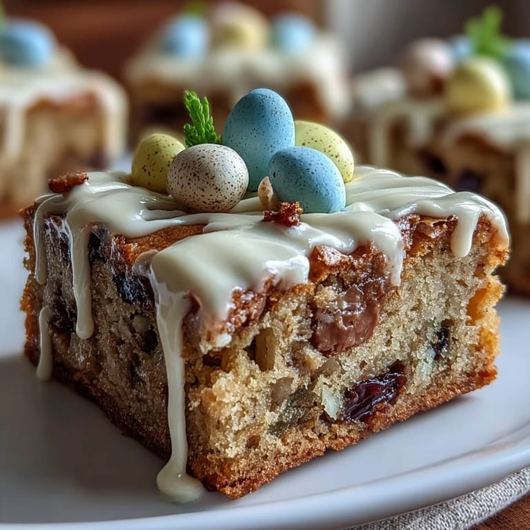 Easter-ready blondies loaded with Cadbury Mini Eggs, offering a chewy texture and a glossy white chocolate finish.