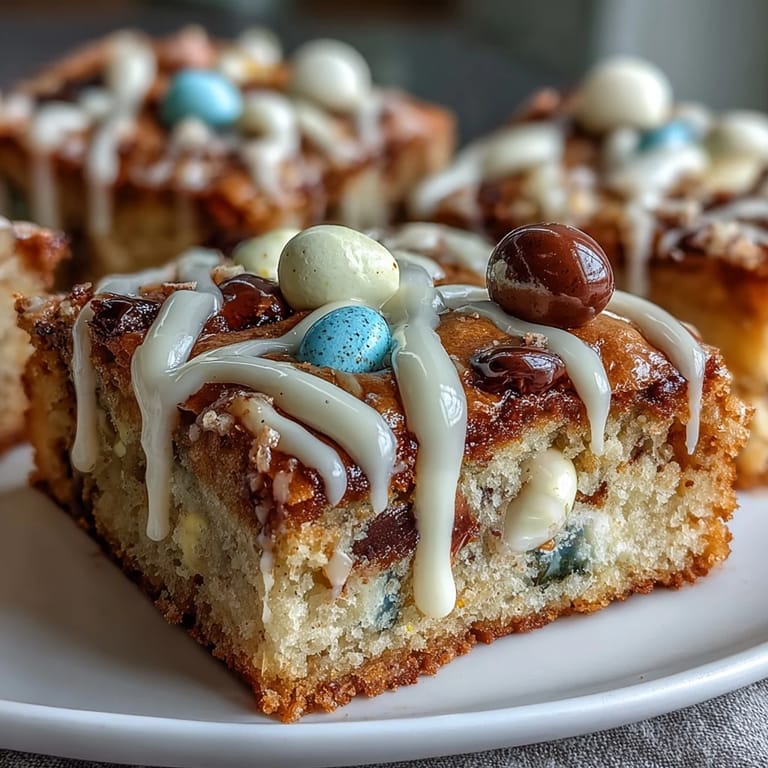 Festive blondies bursting with Cadbury Egg chunks, baked to golden perfection and topped with creamy white chocolate drizzle.