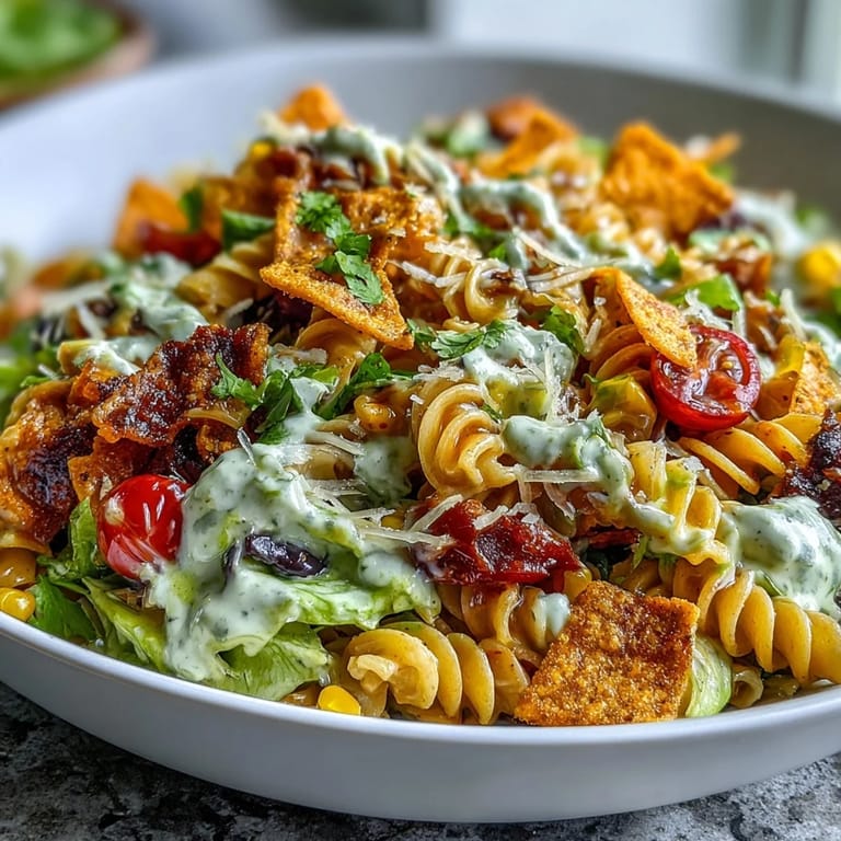Creamy avocado ranch coats pasta, black beans, and corn in this Tex-Mex inspired taco pasta salad with Doritos topping.  