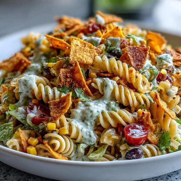 Vibrant taco pasta salad with Doritos, cherry tomatoes, and cheddar, drizzled with zesty avocado ranch dressing for a bold flavor.