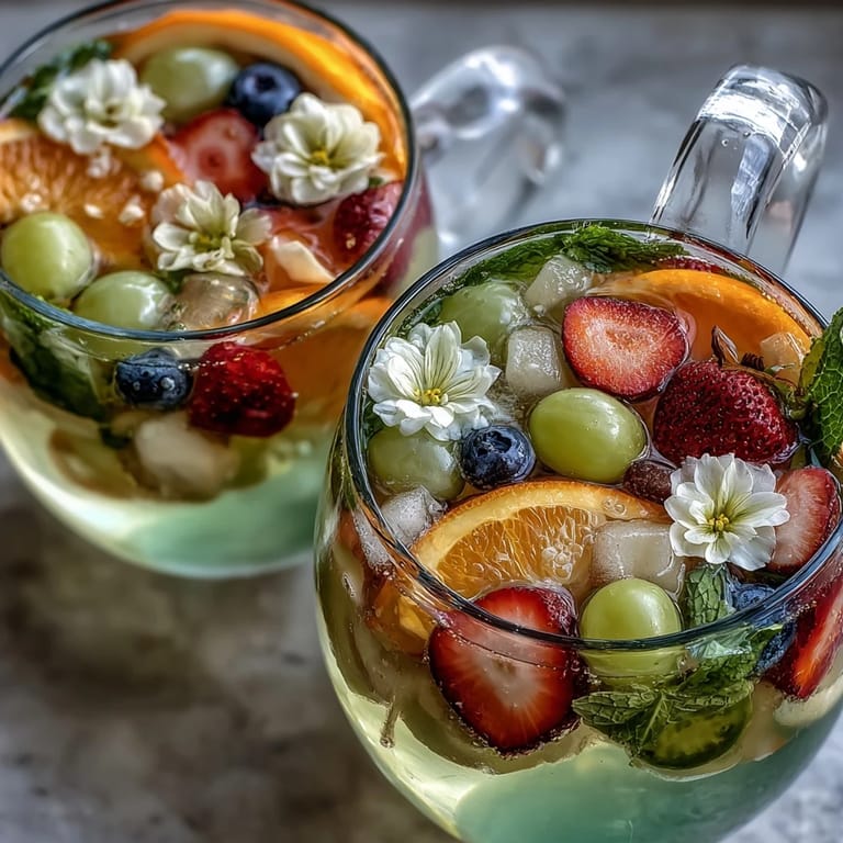 Bright, chilled Spring Sangria Mocktail with sparkling water, sliced oranges, lemons, and green grapes in a clear glass.