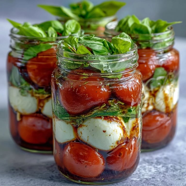 Portable layered Caprese salad in a mason jar, featuring fresh mozzarella, basil, and balsamic dressing for easy, healthy meals.