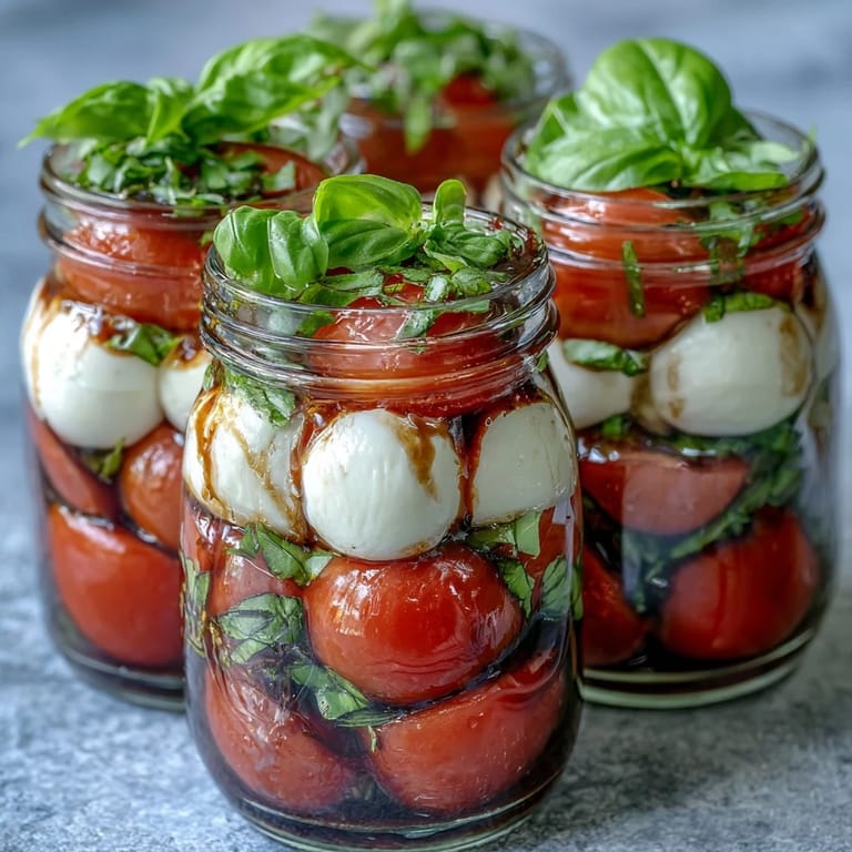 Mason jar Caprese salad with juicy tomatoes, creamy mozzarella, and fragrant basil, perfect for meal prep or outdoor dining.