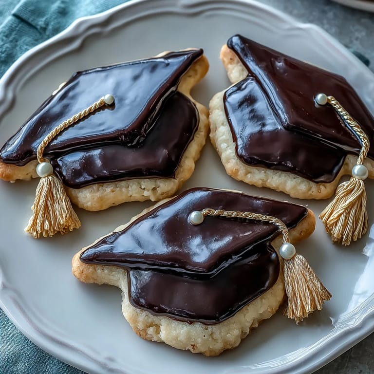 Golden graduation cap cookies with smooth black royal icing, perfect for celebrating academic achievements with a sweet treat.