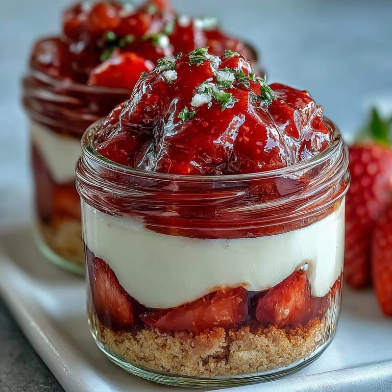 Individual cheesecake jars layered with buttery graham cracker crust, smooth vanilla filling, and vibrant strawberry compote for a stunning dessert presentation.