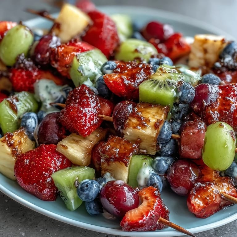 Fresh, seasonal fruits threaded onto skewers and drizzled with a smooth honey-lemon yogurt dip, perfect for summer parties.