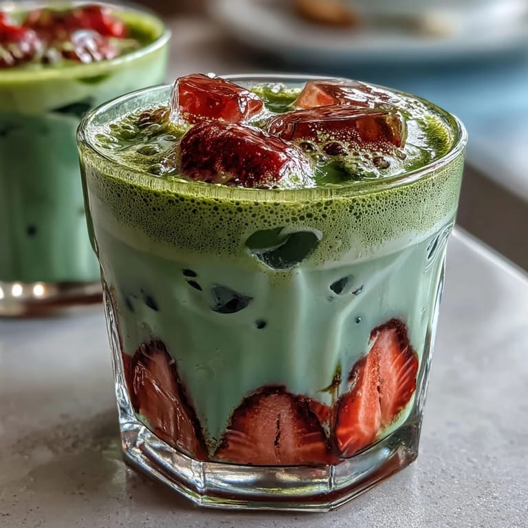 Creamy Strawberry Matcha Latte with Oat Milk: Silky oat milk blends with fresh strawberry puree and earthy matcha for a deliciously energizing vegan treat.