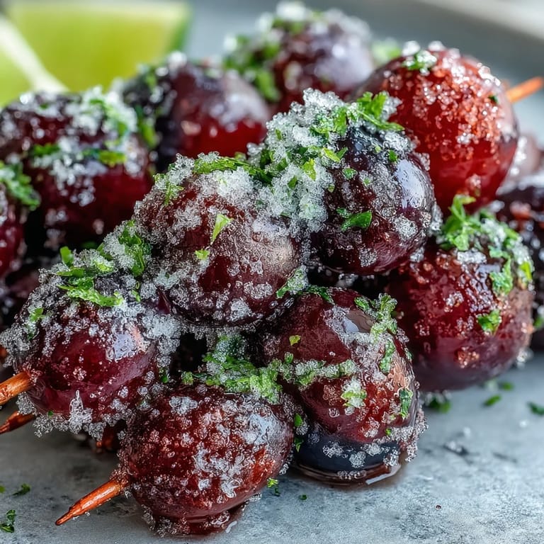 Close-up of frozen grapes rolled in lime sugar, their frosty texture and citrus aroma inviting a cool bite.