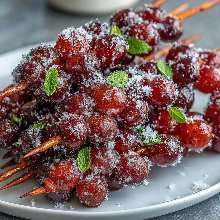 Zesty lime sugar coats frozen grapes on wooden skewers, a vibrant, sweet-tart snack perfect for hot days.