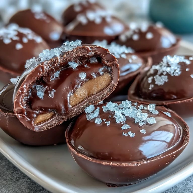 Homemade peanut butter-filled chocolate eggs, drizzled with rich dark chocolate and topped with sea salt for a gourmet treat.