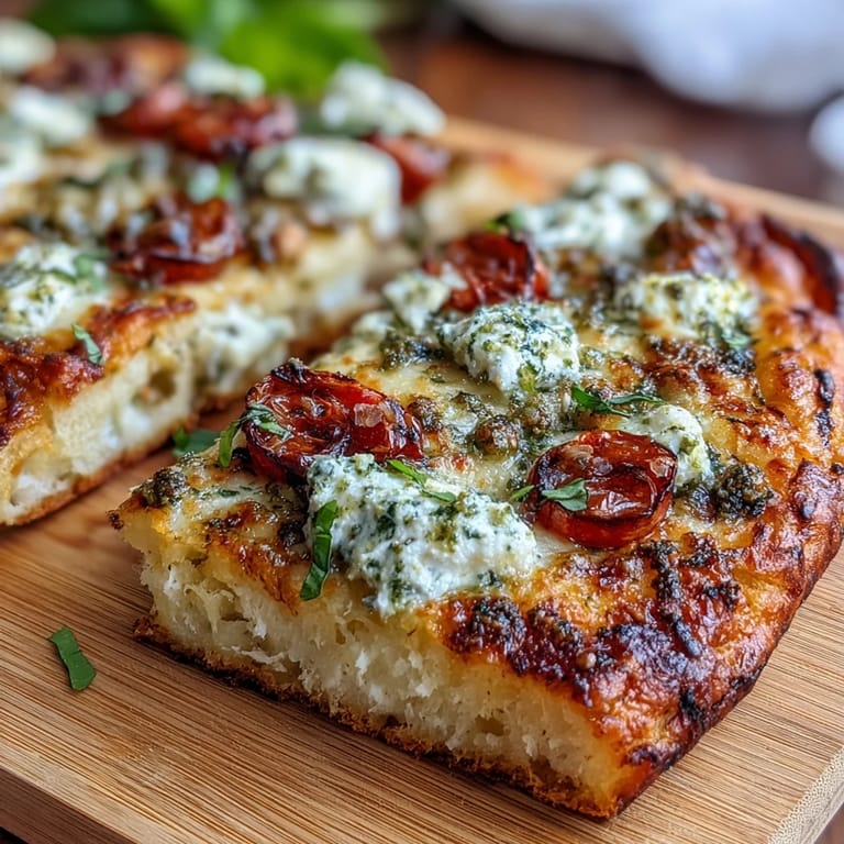 Gooey viral cottage cheese flatbread, showcasing bright pesto and bursting cherry tomatoes.