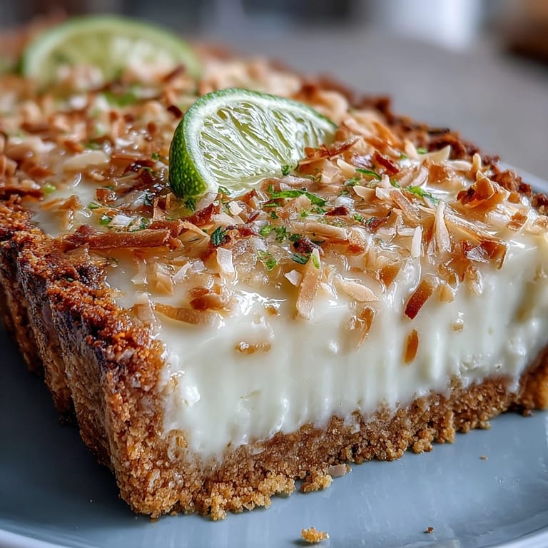 Zesty lime filling meets tropical coconut in a crisp graham cracker crust, perfect for a refreshing summer dessert.