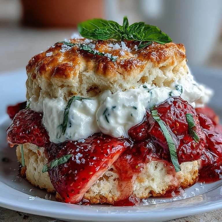 Juicy strawberries and basil crown warm Strawberry Basil Shortcake Biscuits, ready for dessert.