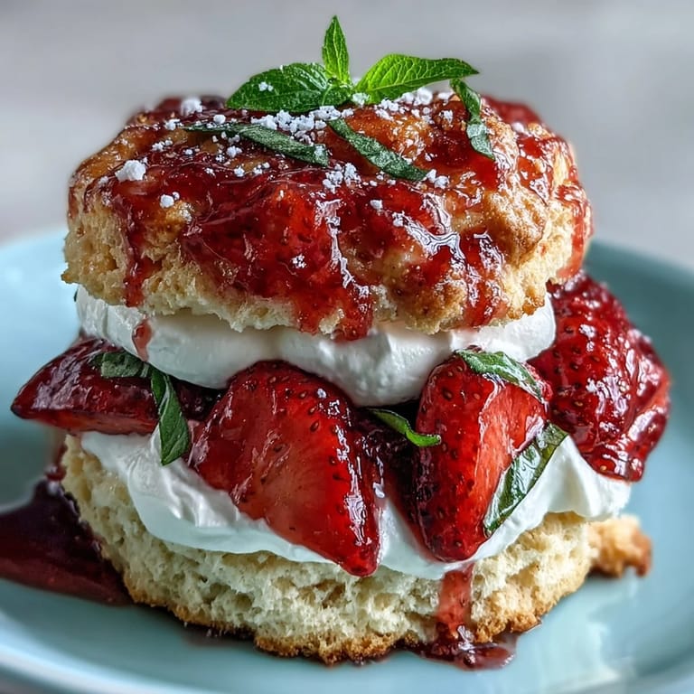 Fluffy Strawberry Basil Shortcake Biscuits topped with luscious whipped cream and fruit filling.