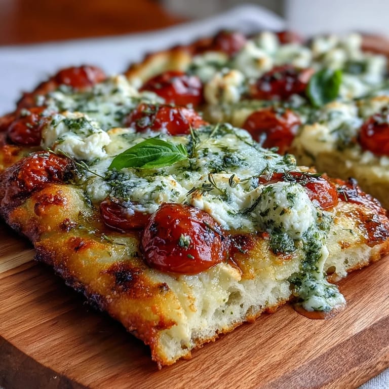 Sunny cottage cheese flatbread, generously topped with pesto, vibrant tomatoes, and fresh basil.