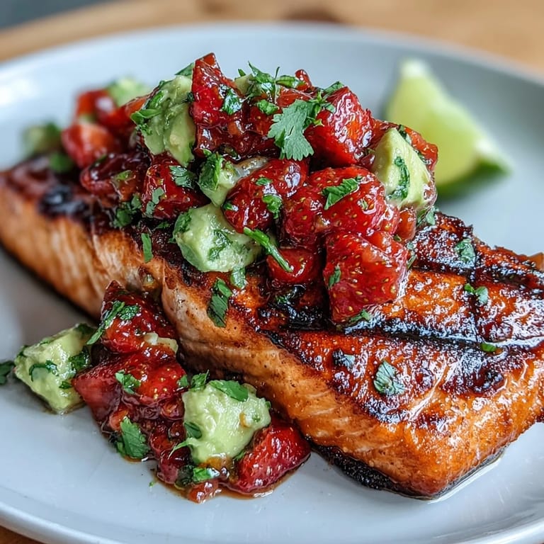 Juicy grilled salmon fillets proudly showcasing a fresh strawberry avocado salsa topping.