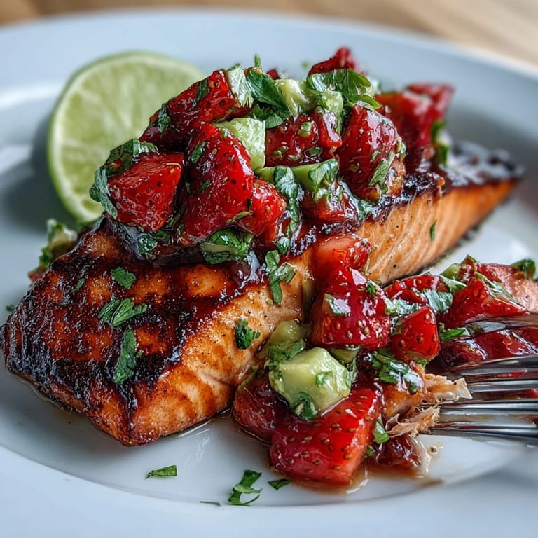 Delicious grilled salmon with colorful strawberry avocado salsa, a light and flavorful meal.