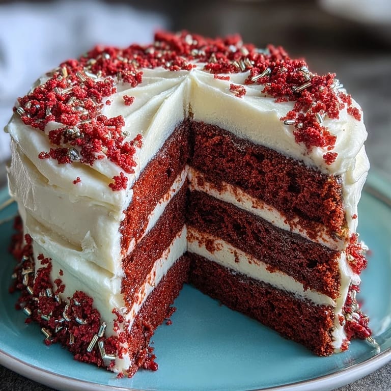 Decadent Juneteenth Red Velvet Cake, swirled with luscious, tangy frosting.
