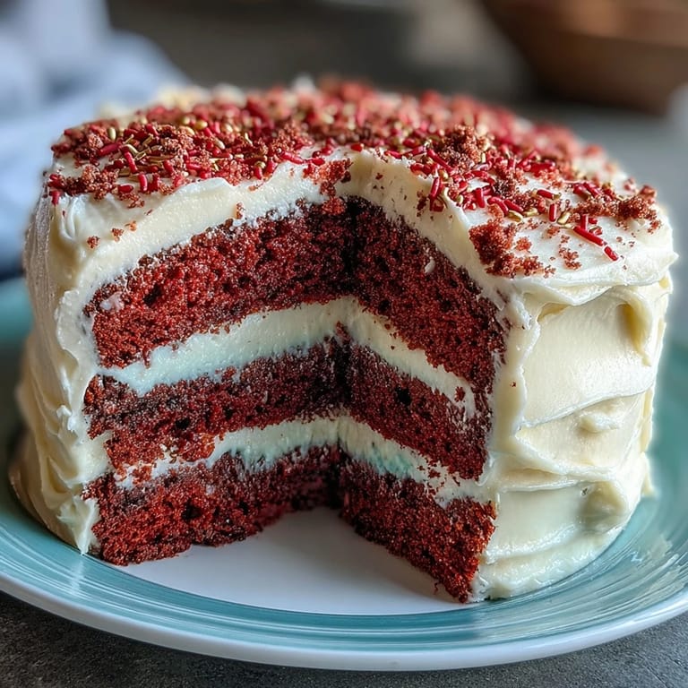 Showcases a beautifully frosted Juneteenth Red Velvet Cake, ready for sharing.