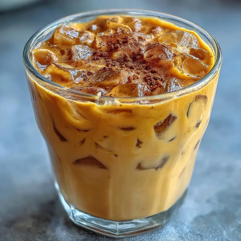 Chilled Turmeric Golden Milk Iced Latte, frothy beverage, garnished with a cinnamon sprinkle.