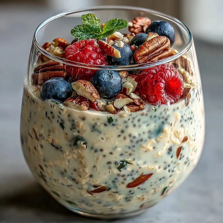 Vibrant high fiber overnight oats with chia, flax topped with a fresh berry medley.