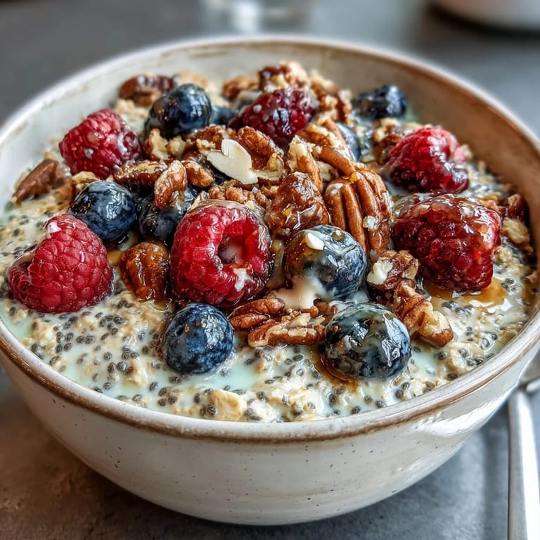 Hearty high fiber overnight oats with chia, flax, ready for a delicious morning meal.
