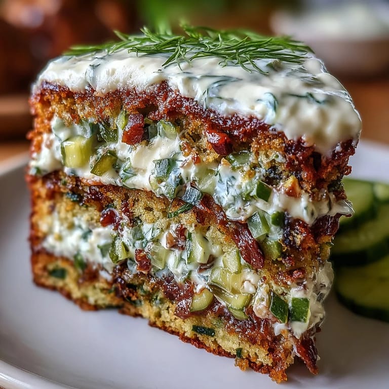 Glistening Pickle Cake layers, topped with tangy dill frosting and pickle garnish.