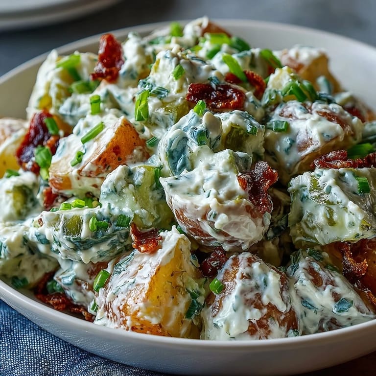 Flavorful potato salad perfect for any BBQ, featuring dill pickles and creamy dressing.