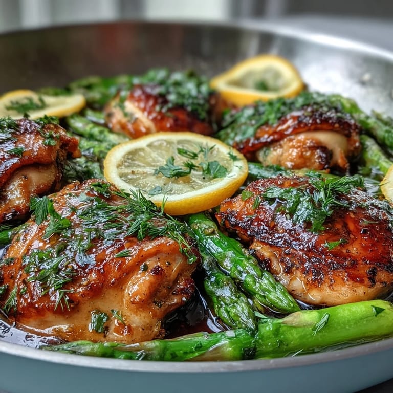 Juicy One-Pan Lemon Herb Chicken and Asparagus, ready to serve.