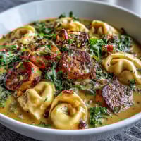 Creamy Pumpkin Tortellini Soup with chicken sausage and wilted kale served hot in a rustic bowl.