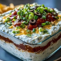 4-Way Layered Dip in a glass dish, showing colorful bean, creamy, salsa, and cheese layers next to tortilla chips.