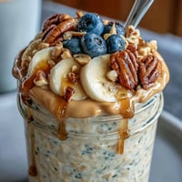 Creamy High-Protein Peanut Butter Overnight Oats layered in a jar with sliced banana and chopped peanuts.