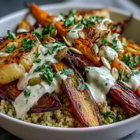 Vibrant Roasted Root Vegetable Bowl with golden carrots and beets over fluffy quinoa, drizzled with creamy tahini.