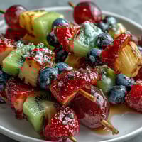 Vibrant rainbow fruit skewers with juicy strawberries, pineapple, kiwi, blueberries, and grapes, served with creamy honey-yogurt dip.