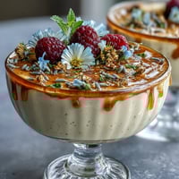 Silky honey lavender panna cotta with a delicate floral aroma, topped with fresh berries and edible flowers for a stunning dessert.