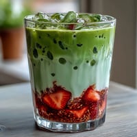 Strawberry Matcha Latte with Oat Milk: A vibrant layered drink with sweet strawberry puree, earthy matcha, and creamy oat milk served over ice.