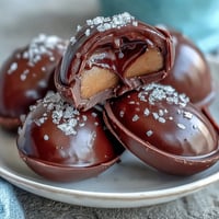 Decadent dark chocolate peanut butter eggs with a sprinkle of flaky sea salt, perfect for Easter celebrations.