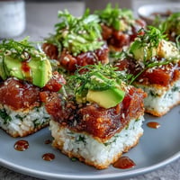 Crispy rice salad with avocado and spicy tuna, featuring golden fried rice squares, creamy avocado, and zesty tuna atop a fresh cucumber salad.