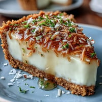 A creamy coconut lime tart with a golden graham cracker crust, garnished with whipped cream and toasted coconut.