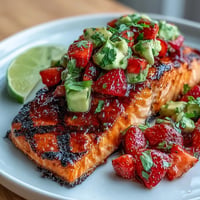Perfectly grilled salmon topped with vibrant strawberry avocado salsa, a summery delight.